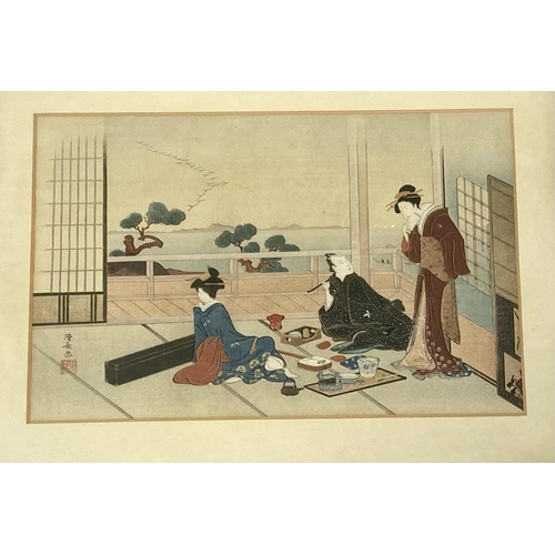 400 - An Antique Japanese Ink and Colour on Paper Artwork - Family enjoying afternoon tea. Signed by the A... 