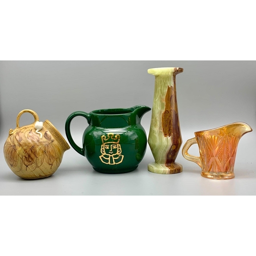 996 - Four Varied Interesting Pieces - A small carnival glass jug, a tilting mouse cup, a small onyx vase ... 