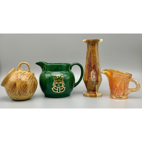 996 - Four Varied Interesting Pieces - A small carnival glass jug, a tilting mouse cup, a small onyx vase ... 