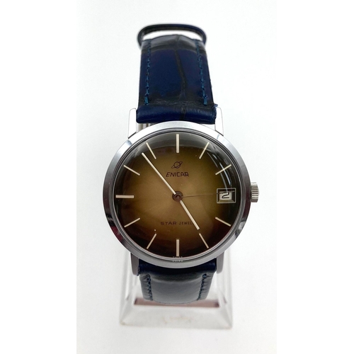 180 - A Rare Vintage Enicar Gents Mechanical Watch. Leather strap. Stainless steel case - 35mm. Two-tone d... 