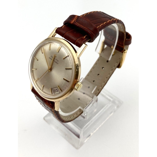 33 - A Glorious Vintage 9K Gold Cased Zenith Gents Watch. Mechanical movement. Leather strap. Gold case -... 