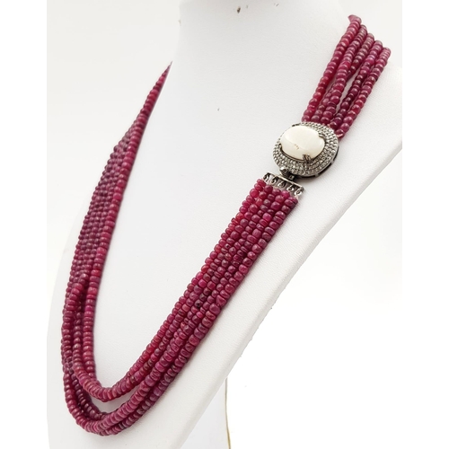 171 - Multi Strand Ruby Beaded Necklace With Oval Opal Diamond Pendant. 925 Silver. Diamonds 1.10 Ct, Opal... 