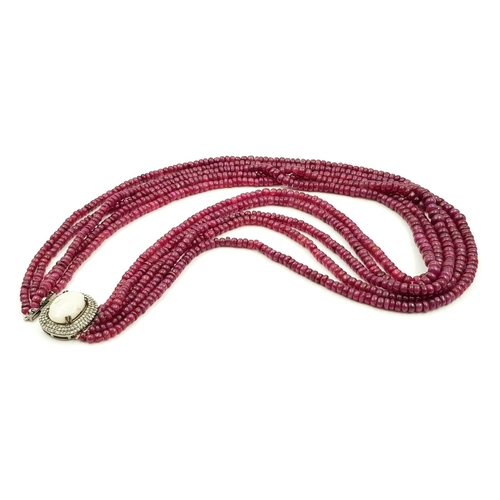 171 - Multi Strand Ruby Beaded Necklace With Oval Opal Diamond Pendant. 925 Silver. Diamonds 1.10 Ct, Opal... 