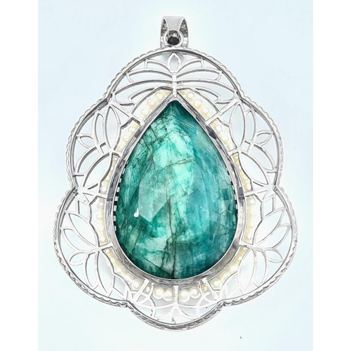 191 - 925 Silver Victorian Emerald Teardrop Shaped Pendant. With Pearls Embedded into Openwork filigree Wo... 