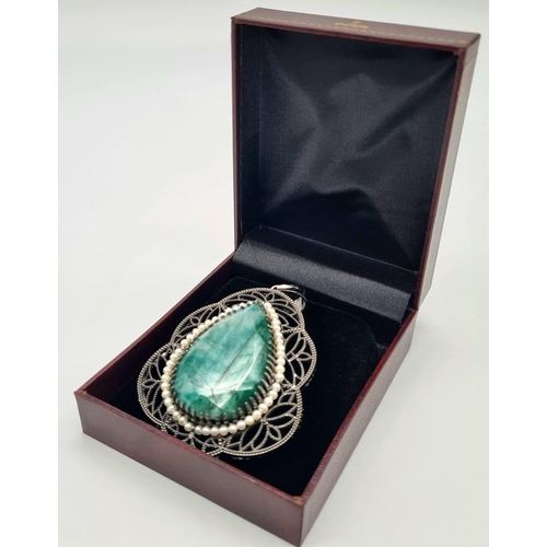 191 - 925 Silver Victorian Emerald Teardrop Shaped Pendant. With Pearls Embedded into Openwork filigree Wo... 