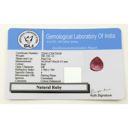 328 - 581.25 Ct Ruby, Pear Shape, GLI Certified