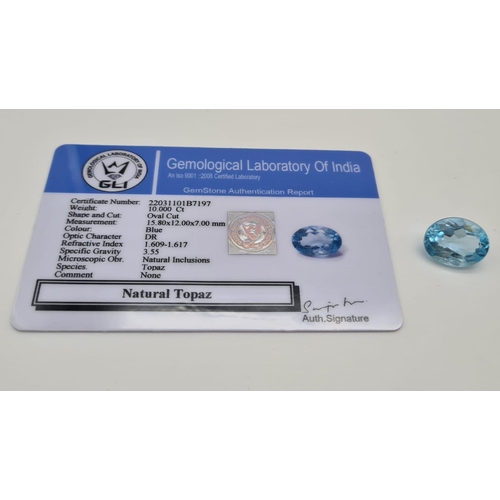 409 - 10 Ct Blue Topaz, Oval Shape, GLI Certified