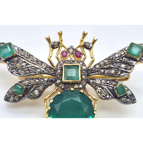 96 - A Butterfly Emerald Beryl & Diamond Gold Plated Brooch. With Ruby Eyes, Diamonds 0.70 Ct, Gemstones ... 