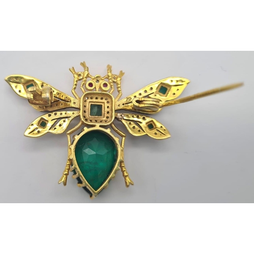 96 - A Butterfly Emerald Beryl & Diamond Gold Plated Brooch. With Ruby Eyes, Diamonds 0.70 Ct, Gemstones ... 