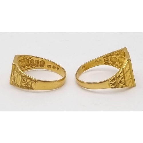 138 - Two 22K Yellow Gold Signet Rings. Size Q and Size T.
8.5g total weight.