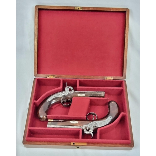 24 - A Pair of Percussion Travelling Pistols by Wadsworth of London. Four inch octagonal rifled 54 barrel... 