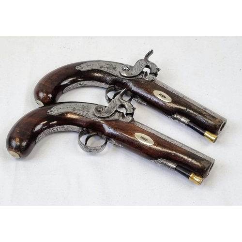 24 - A Pair of Percussion Travelling Pistols by Wadsworth of London. Four inch octagonal rifled 54 barrel... 