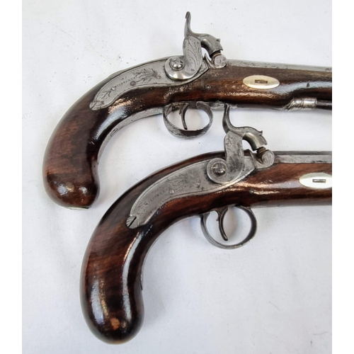 24 - A Pair of Percussion Travelling Pistols by Wadsworth of London. Four inch octagonal rifled 54 barrel... 