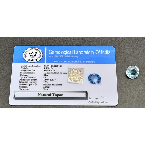 423 - 4.45 Ct Blue Topaz, Round Shape, GLI Certified