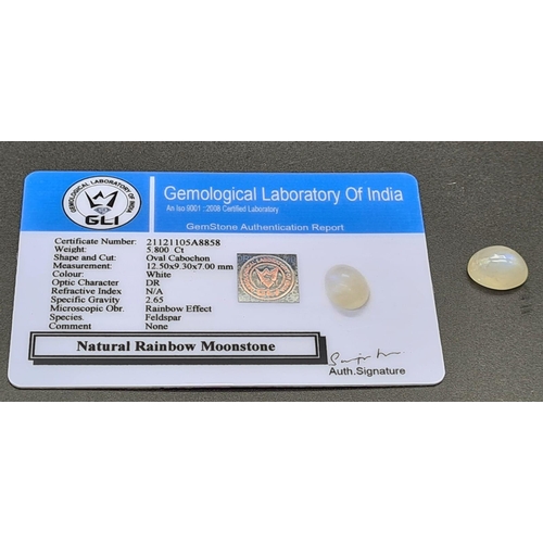 575 - 5.80 Ct Rainbow Moonstone, Oval Shape, GLI Certified