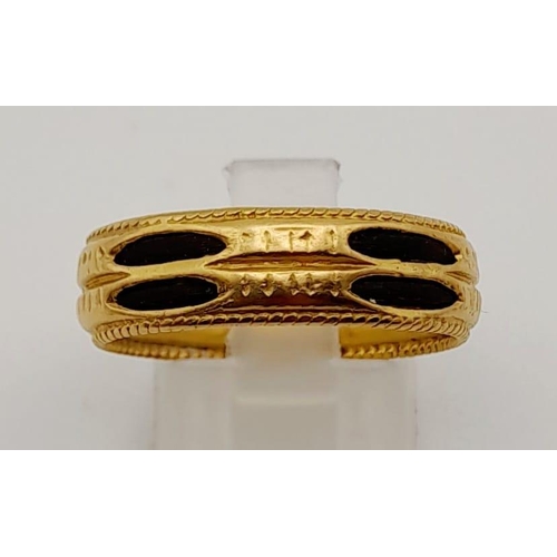 69 - Three 22K Yellow Gold Rings: A large rectangular signet ring with nine gemstones - size S. A band ri... 