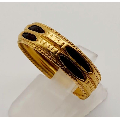 69 - Three 22K Yellow Gold Rings: A large rectangular signet ring with nine gemstones - size S. A band ri... 