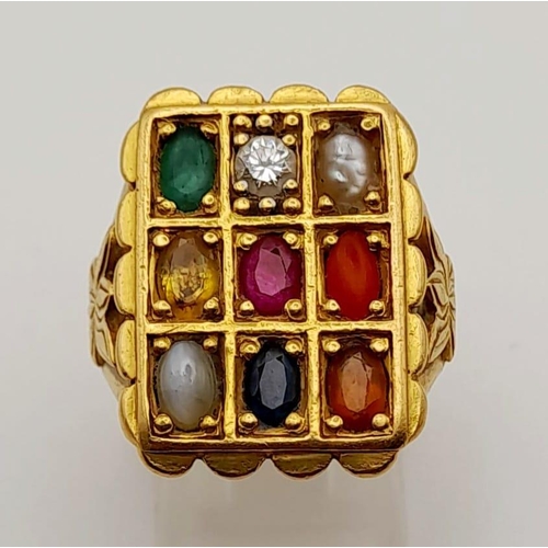 69 - Three 22K Yellow Gold Rings: A large rectangular signet ring with nine gemstones - size S. A band ri... 