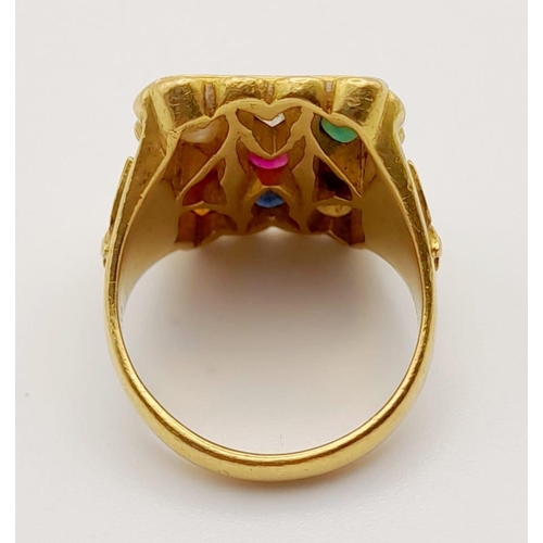 69 - Three 22K Yellow Gold Rings: A large rectangular signet ring with nine gemstones - size S. A band ri... 