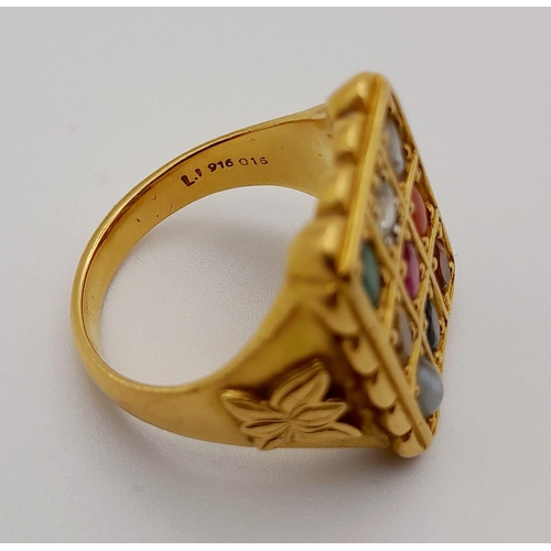 69 - Three 22K Yellow Gold Rings: A large rectangular signet ring with nine gemstones - size S. A band ri... 