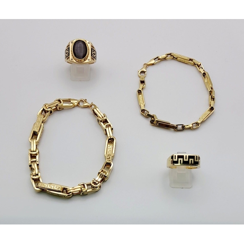 9 - Mixed 14K Yellow Gold Jewellery Lot. To include: Two Bar link bracelets - 20cm. A Gents Oval Stone S... 