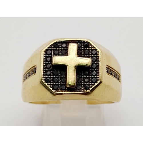 94 - Two 14K Gold Rings: The first with a gold cross on small blue sapphires with small sapphires on shou... 