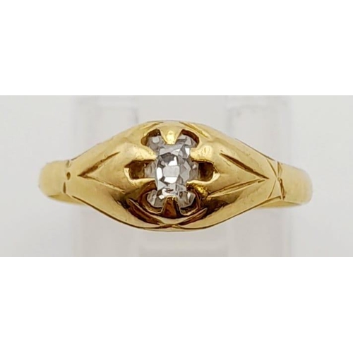 503 - An 18K Vintage Yellow Gold Old Cut Diamond Solitaire . 0.25ct. Size M. 2.8g.