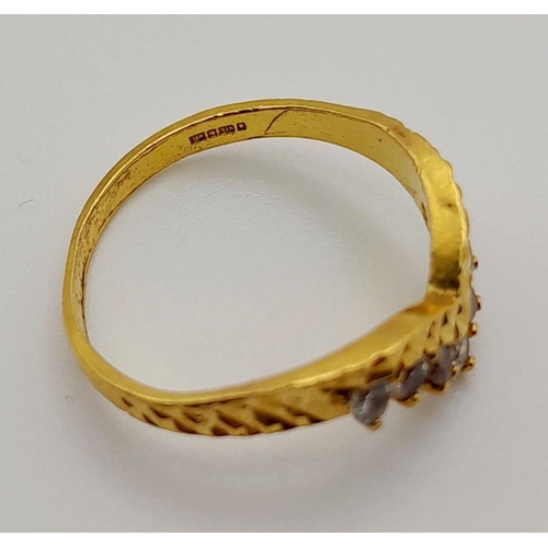 76 - A trilogy of 22K yellow gold diamond rings. Size: N, total weight: 10.6 g.