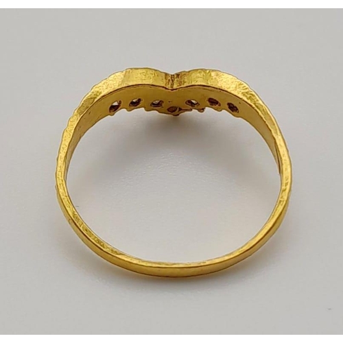 76 - A trilogy of 22K yellow gold diamond rings. Size: N, total weight: 10.6 g.