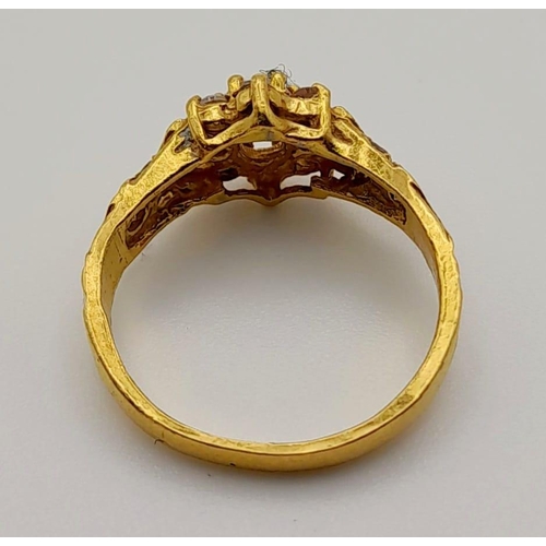 76 - A trilogy of 22K yellow gold diamond rings. Size: N, total weight: 10.6 g.