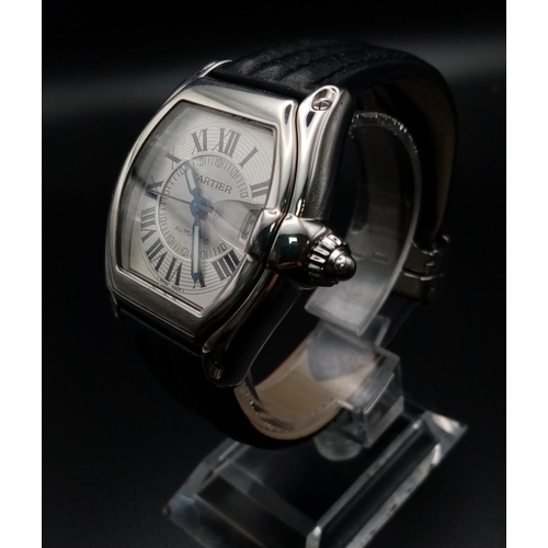 144 - A Cartier Roadster Automatic Gents Watch. Black leather strap with stainless steel case-38mm. Silver... 