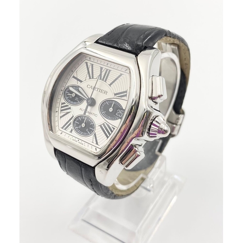 137 - A Cartier Roadster Chronograph Men's Watch. Leather strap. Steel case - 40mm. White dial.