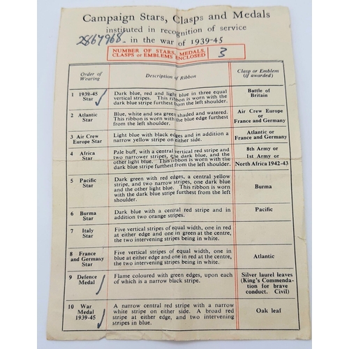 405 - 3 WWII SERVICE MEDALS WITH ORIGINAL BOX AND PAPERS TO INCLUDE THE DEFENCE MEDAL AND THE 1939 - 1945 ... 