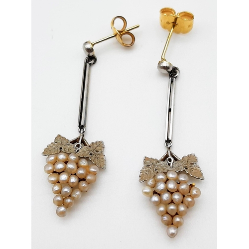 445 - A GORGEOUS PAIR OF GEORGIAN PLATINUM AND GOLD EARRINGS WITH SEED PEARLS IN TRIANGULAR DESIGN. 3.8gms