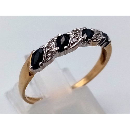 532 - A 9K Yellow Gold Diamond and Sapphire Half Eternity Ring. Size R. 1.7g