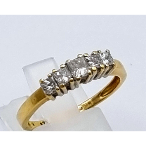 567 - 18K YELLOW GOLD DIAMOND 5 STONE RING. 0.70CT. SIZE P. 2.8G.