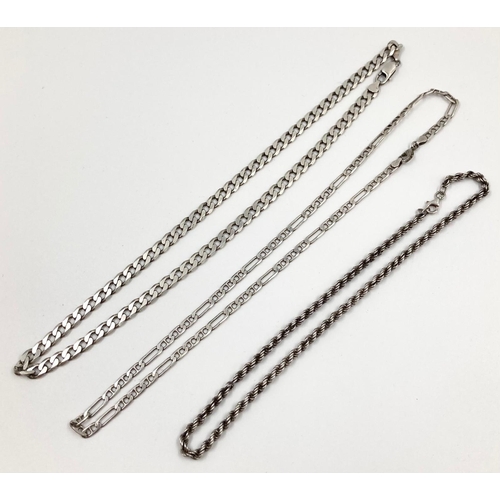 352 - Three Different Styled Silver Chains: Figaro - 50cm, Rope - 38cm and Flat Curb - 52cm. 55.6g total w... 