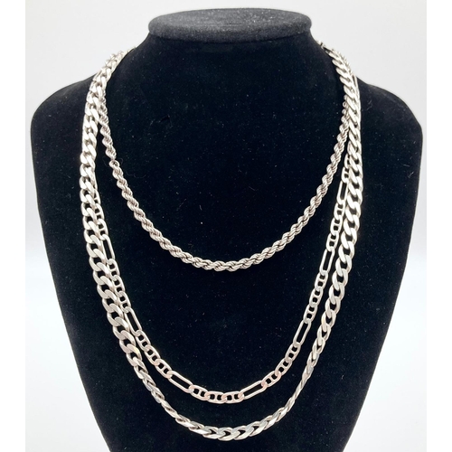 352 - Three Different Styled Silver Chains: Figaro - 50cm, Rope - 38cm and Flat Curb - 52cm. 55.6g total w... 