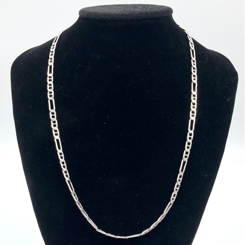 352 - Three Different Styled Silver Chains: Figaro - 50cm, Rope - 38cm and Flat Curb - 52cm. 55.6g total w... 