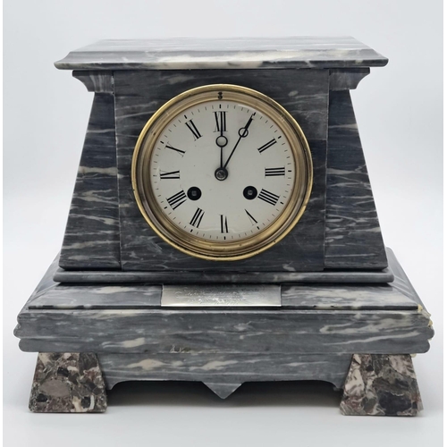 397 - A LARGE MARBLE MANTLE CLOCK PRESENTED IN 1875 AT ALL SAINTS IN NEWMARKET .  28cms x 25cms a\f