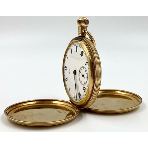 65 - A Wonderful Antique 18K Gold Waltham Full Hunter Pocket Watch. Dennison 18k gold case. Sub second di... 