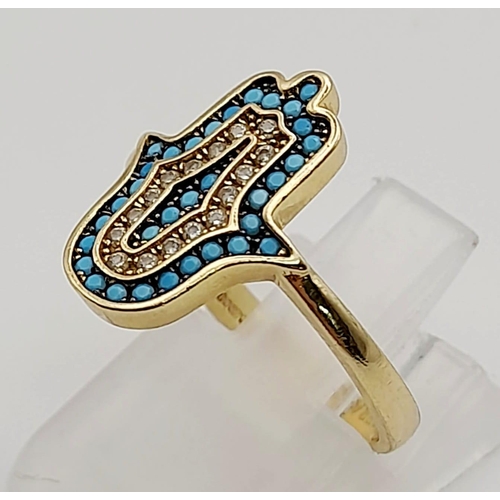 116 - 14K Yellow Gold Turquoise set Hamsa Ring 2.5g. Size M