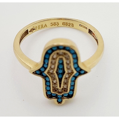 116 - 14K Yellow Gold Turquoise set Hamsa Ring 2.5g. Size M