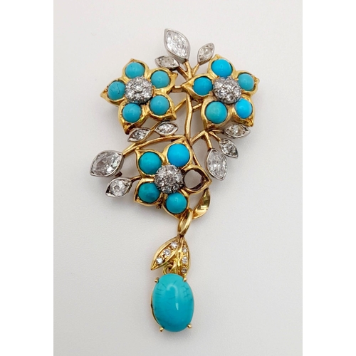 3 - A beautiful, vintage, 18 K yellow gold, brooch with turquoise and diamonds. In excellent condition w... 