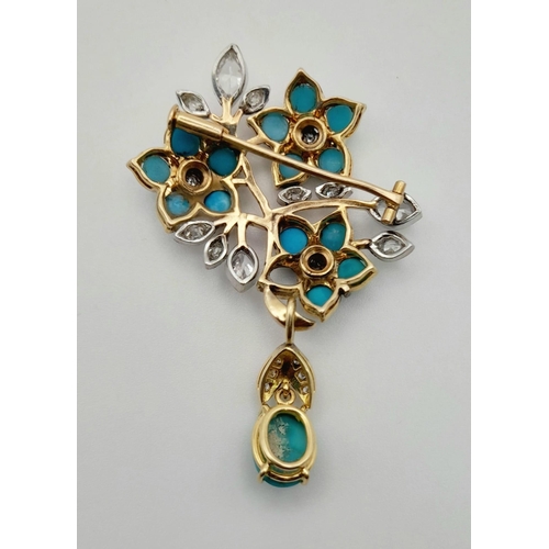 3 - A beautiful, vintage, 18 K yellow gold, brooch with turquoise and diamonds. In excellent condition w... 