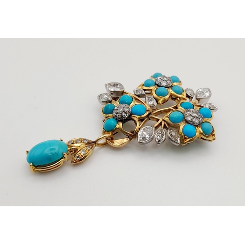 3 - A beautiful, vintage, 18 K yellow gold, brooch with turquoise and diamonds. In excellent condition w... 