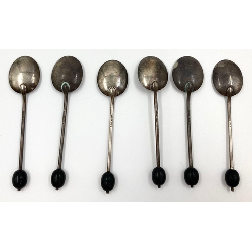 372 - Six Sterling Silver Coffee Bean Spoons. Hallmarks for Birmingham 1937. 9cm. 37.9g total weight.