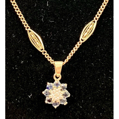 411 - A 9K GOLD AND SAPPHIRE AND DIAMOND PENDANT ON AN UNUSUAL ALBERT STYLE 9K GOLD 38cms CHAIN.   4.7gms