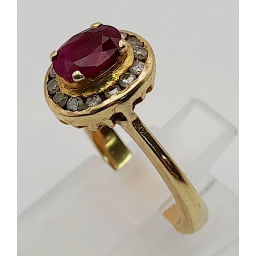 79 - 14K Yellow Gold Diamond & Ruby Cluster Ring Size M 4.7g, approx 1ct Ruby.