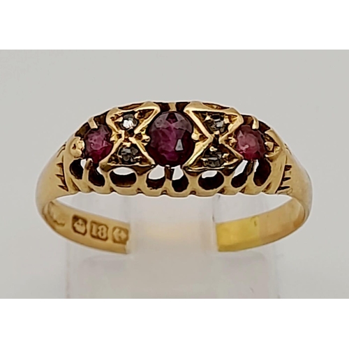 101 - 18K Yellow Gold Vintage Diamond & Ruby Ring 2.7g. Size R